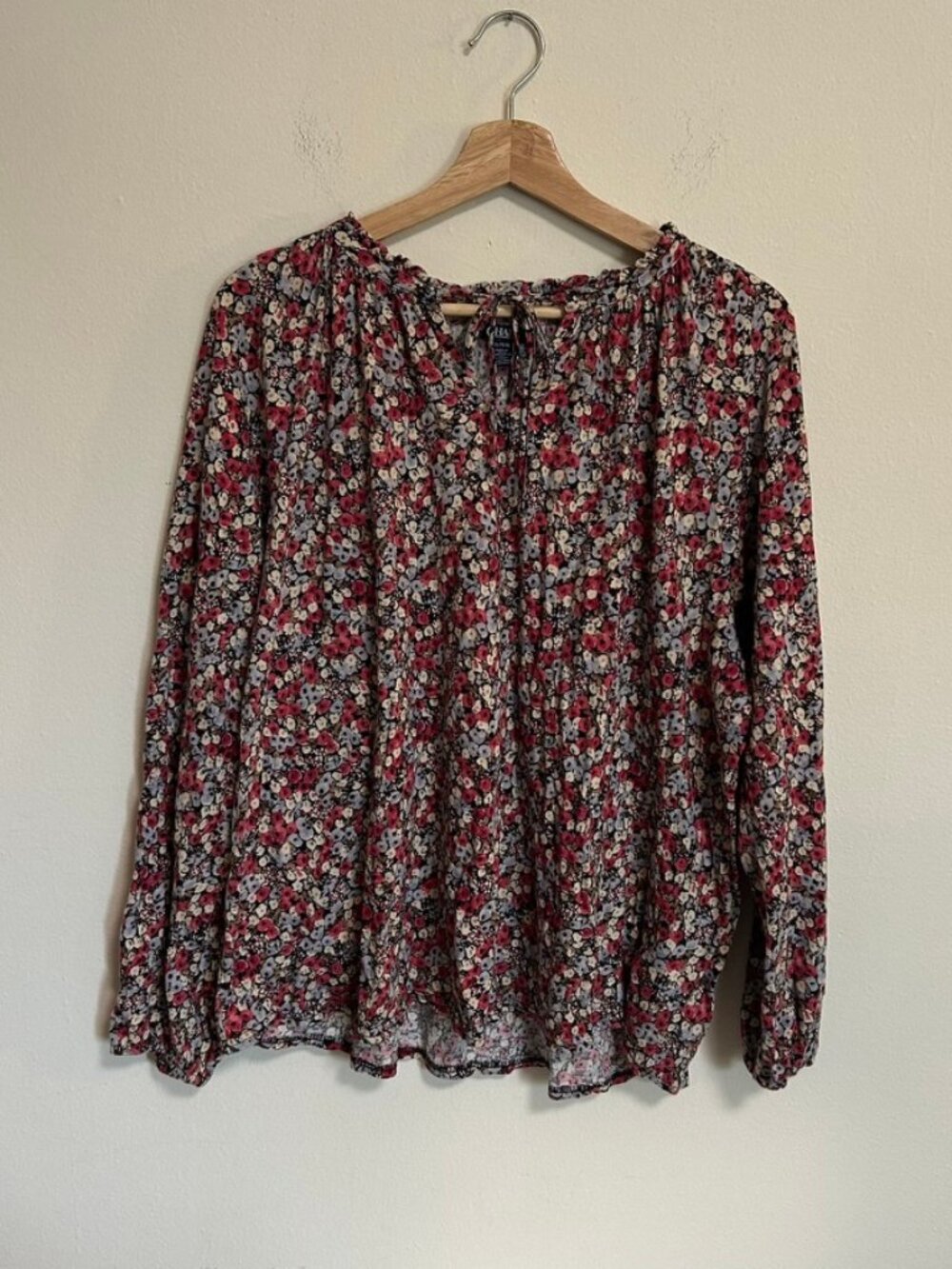 Chaps Floral Blouse Tie Front Ruffle Multicolor Cotton/Modal Sz XL EUC